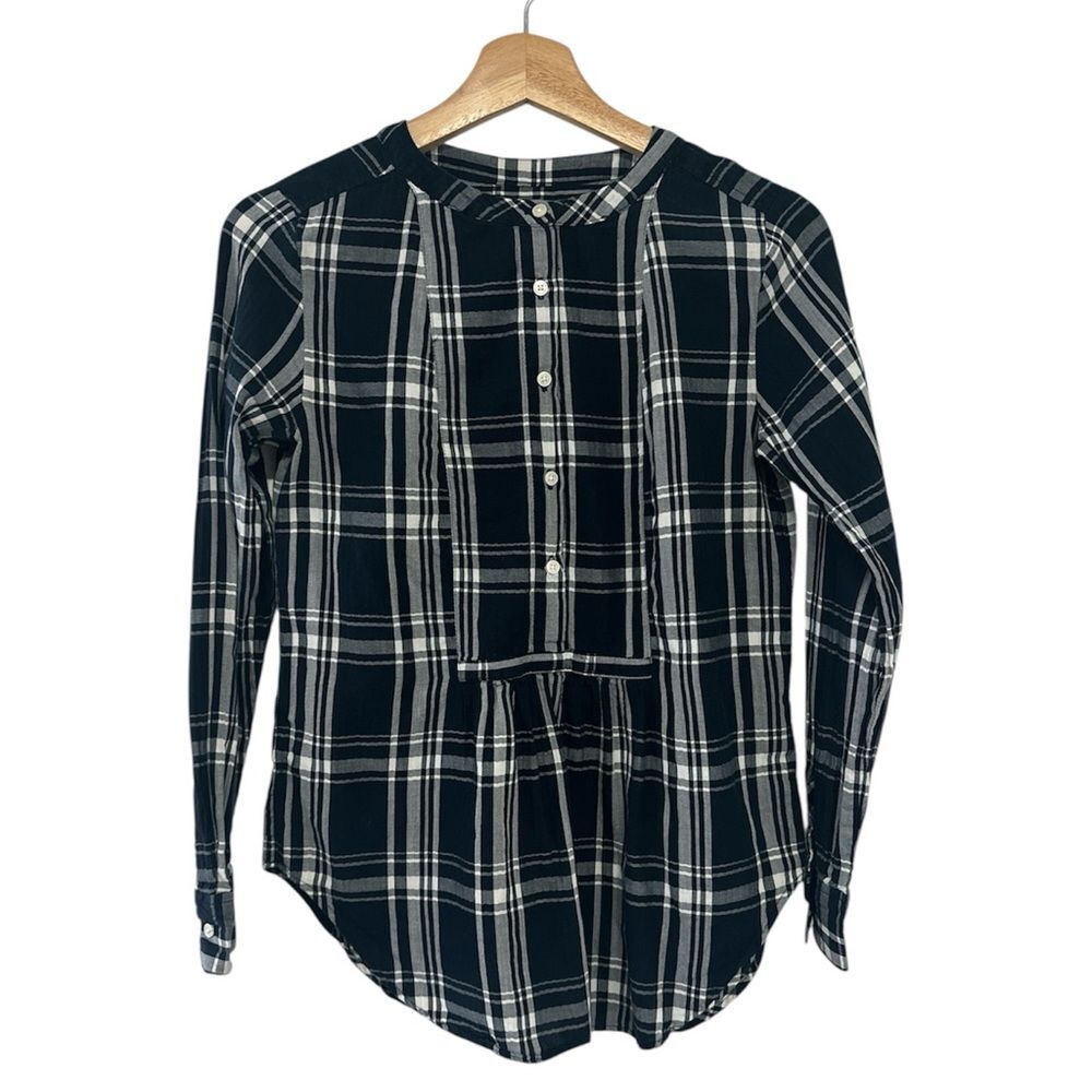 Ann Taylor LOFT Blue Plaid Popover Tunic Blouse XS Coastal Prep Modern Classic